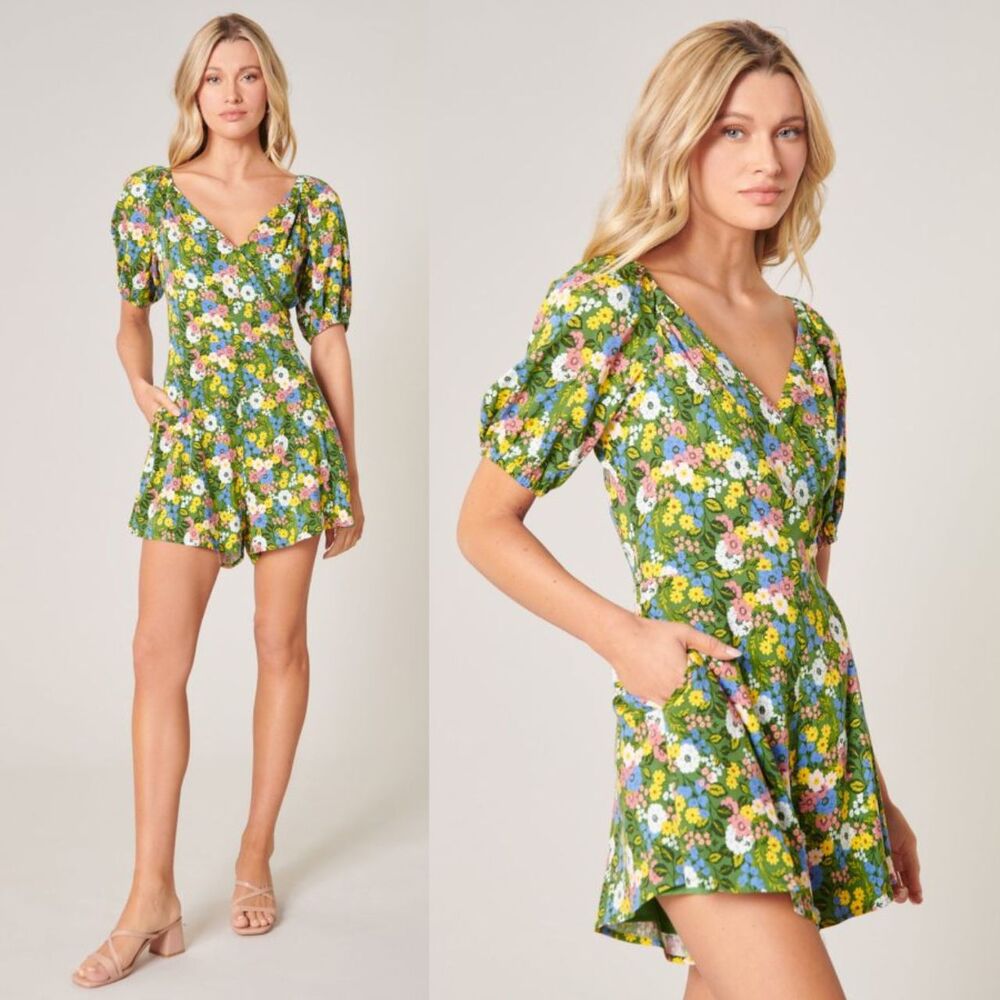NEW Sugar Lips Green Floral Short Puff Sleeve Everheart Romper Size Medium